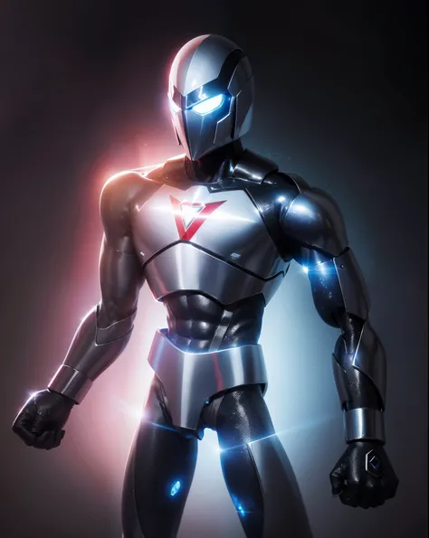 High quality, silver and red body, shiny body, white crystals for eyes, blue crystals on chest, night background, silver hero suit, heros head covered,