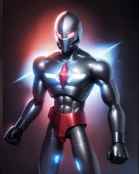 High quality, silver and red body, shiny body, white crystals for eyes, blue crystals on chest, night background, silver hero suit, heros head covered,