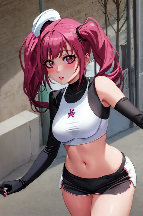 "Portrait of Riruka in her 20s, outside in a quiet town street, showcasing a moderate bust and soft rosy cheeks, wearing a sports bra and booty shorts, while sporting a demure expression and stylish Twintails.". Her expression is full of anger."