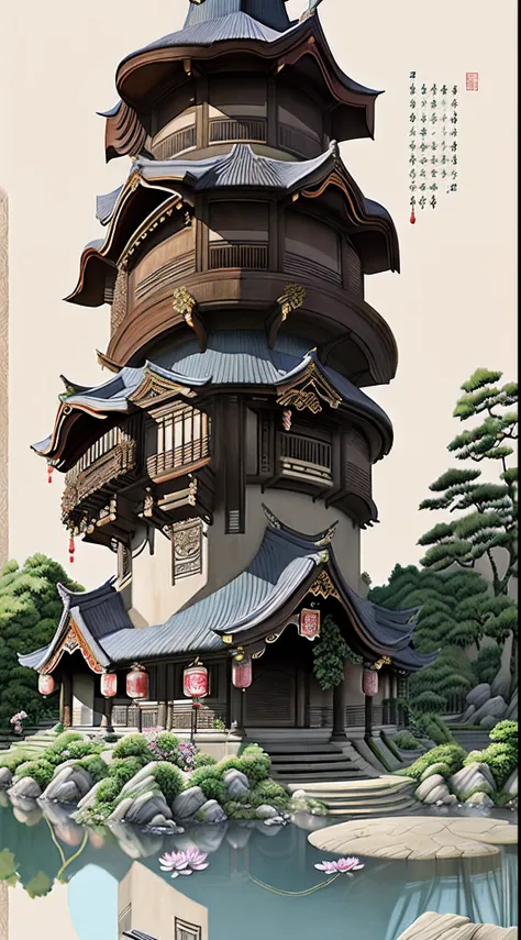 Best quality,Highly detailed,Masterpiece,Ultra-detailed,illustration,Yishuhui, architecture, No_Humanity, Solo,Chinese style, flower, Outdoors, water, tree, plant, Building, scenery, lantern, stairways, architecture, East_Asian_architecture,, pond,