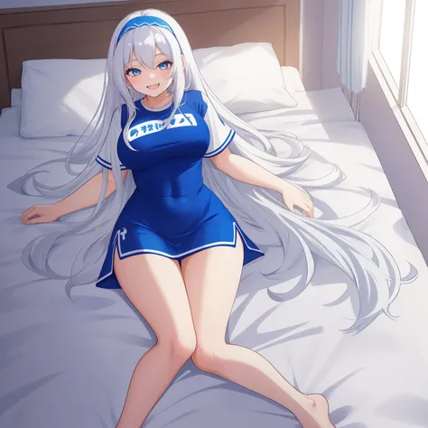 1 woman, fullbody, big t-shirts, white hair, blue eye, long hair, happy, smile, 14 year old, dynamic angle, blue hairband, one-piece dress, bed room, hentai