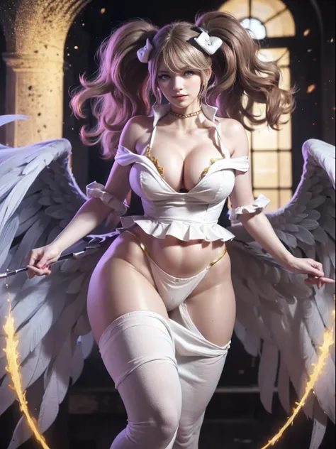 perfect beautiful face, masterpiece, best quality, highres, al1, demon horns, slit pupils, white gloves, white dress, bare shoulders, detached collar, cleavage, black wings, feathered wings, low wings, cowboy shot, standing, smile, dungeon, evil smile, whi...