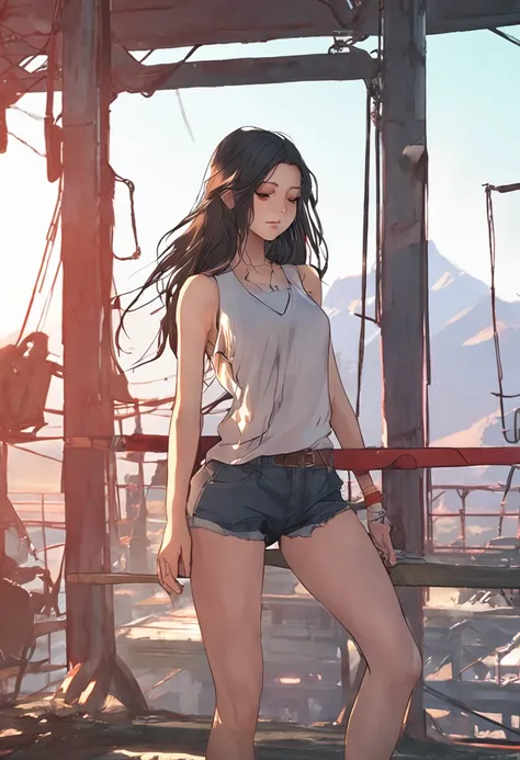 1 girl in、full body Esbian、A dark-haired、The long-haired、Shoulders exposed、Unclear、Detailed clothing、Yoga Pants、Unclear、Tank tops、(delicate illustration:1.4)、(​masterpiece:1.0)、(top-quality:1.4)、(超A high resolution:1.2)、(Photorealsitic:1.4)、(8K、Raw photogr...