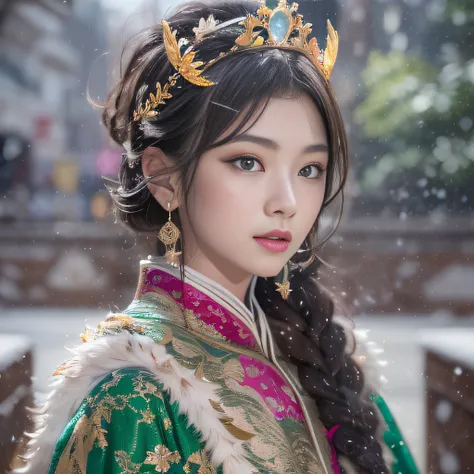 16k（tmasterpiece，k hd，hyper HD，16k）Burgundy red flowing short hair，Snow Circle Forbidden Land ，Yellow and Green Dragon Protector （realisticlying：1.4），Python pattern robe，Purple-pink tiara，Snowflakes fluttering，The background is pure，Hold your head high，Be ...