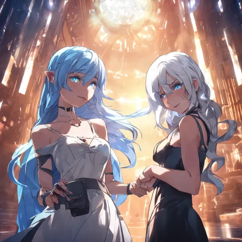 Two girls, white and blue hair, sleeveless dress, dungeon, dramatic lighting, lens flare, slightly dark