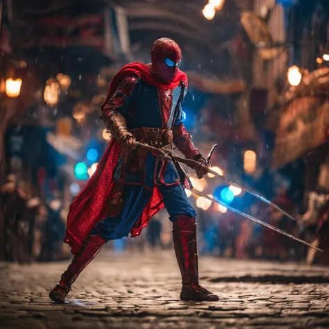 Marvel at the magical spider - the man who served as a medieval themed knight, Full set of red and blue glittering armor, Intricate details, Depicted in action poses, holds a spear, Medieval town in the background, Photorealistic, Dramatic lighting, Beauti...