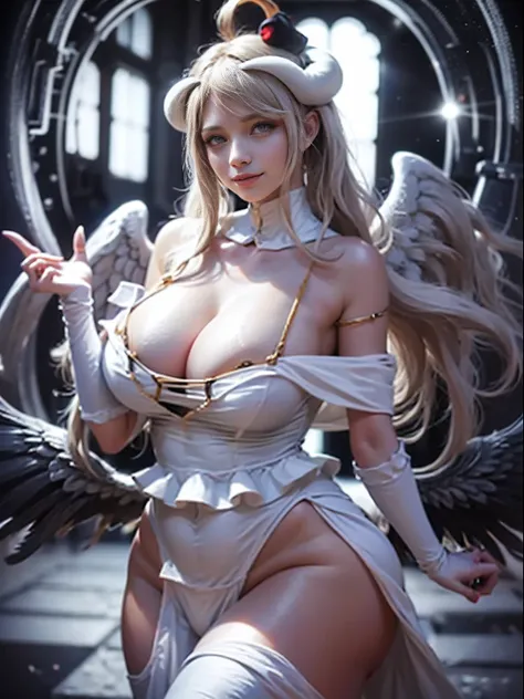 perfect beautiful face, masterpiece, best quality, highres, al1, demon horns, slit pupils, white gloves, white dress, bare shoulders, detached collar, cleavage, black wings, feathered wings, low wings, cowboy shot, standing, smile, dungeon, evil smile, whi...