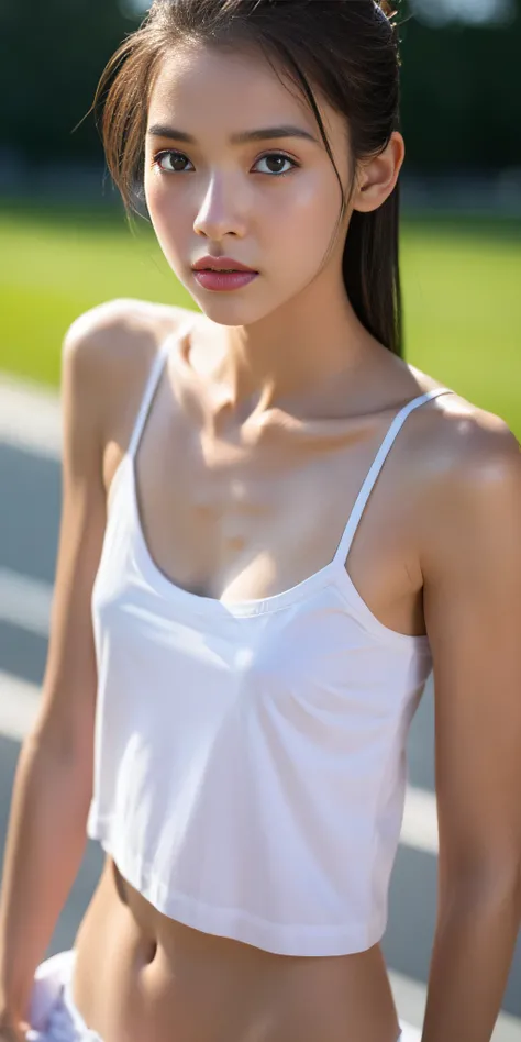 Neat college girl, petite, (long white camisole, white panties), outside the athletic field, (slim, small, flat, small), photorealistic, detail, skin texture, ultra detail, delicate and sexy collarbone, troubled expression, super detailed face, detailed li...