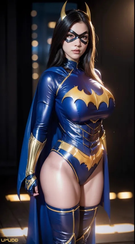 Woman body set largest breasts:1.5, (muscular body:1.1), mask, batgirl costume dress, armor, depth of field, cinematic lighting, reflection light, best quality, HD, 16k, anatomically correct, masterpiece, high quality, highres, UHD