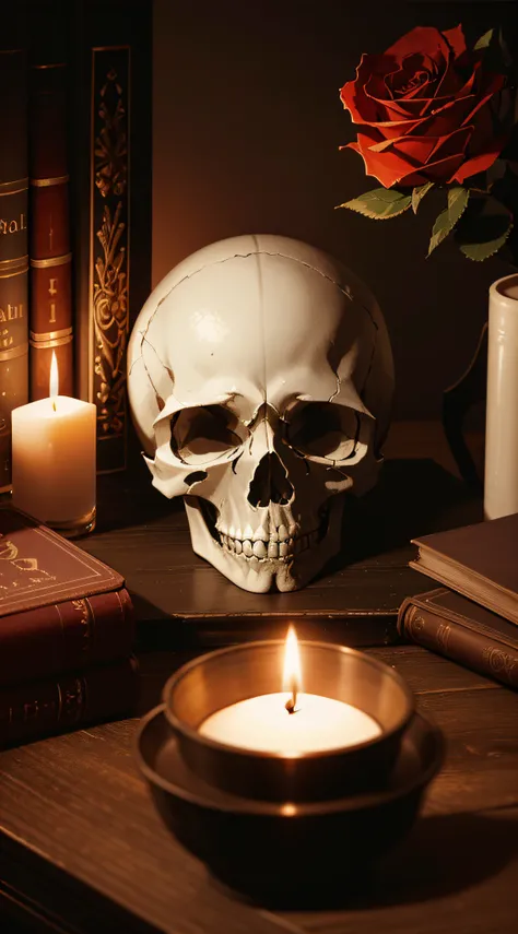 skull in a table, a rose in the table, masterpiece, gorgeous,artistic,simpistic, death, object, ((no_humans)), books, old, nostalgic, candle,