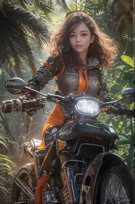 Cybernetic arm and glowing robot cyber girl,(Sheer and revealing costumes:1.3, ),(Robot Cyber Girl riding a powerful military-style motorcycle galloping through jungle:1.3), Glossy light brown and orange striped shorthair,Cute smile,Perfect round face,A ch...