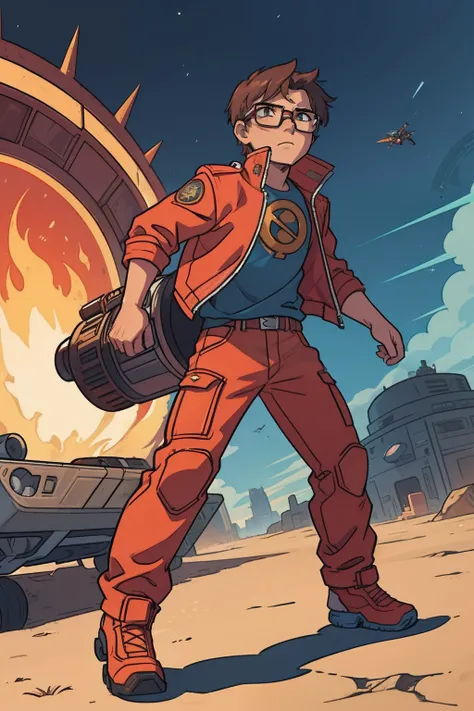 A 17-year-old boy in a red sci-fi jacket and blue pants, usando luvas de couro marrom, camisa branca, with a symbol on the chest with circle and an arch with spikes around it, brown messy hair, and aviator glasses on the head,  single character full body, ...