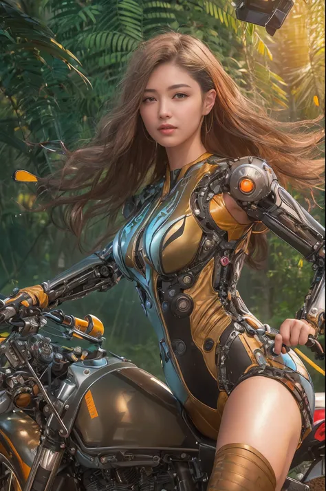 Cybernetic arm and glowing robot cyber girl,(Sheer and revealing costumes:1.3, ),(Robot Cyber Girl riding a powerful military-style motorcycle galloping through jungle:1.3), Robot glowing in the background,Glossy light brown and orange striped shorthair,Cu...