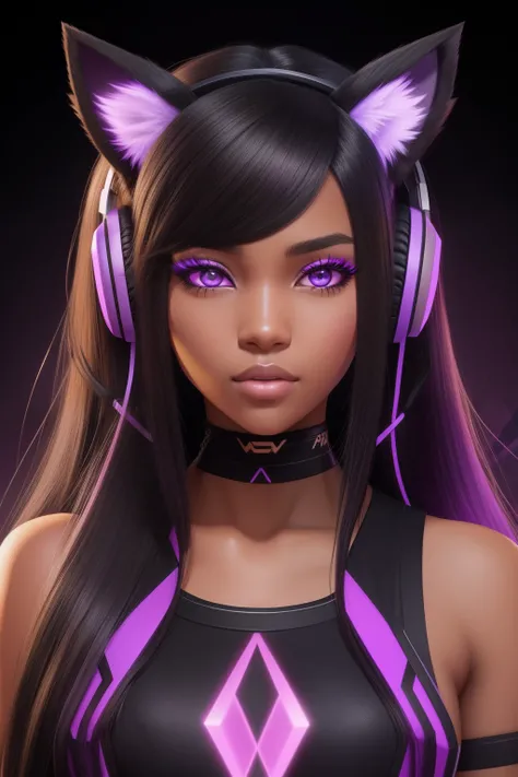 gaming girl with animal ear headphones on, black long hair, brown skin, beautiful face, cyperpunk, detailed degital art, purple eye, uwu the prismatic person