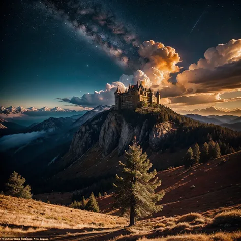 A thrilling image of a fierce and swift storm in the heart of the majestic Cascade Range, with a large, deep, gusty crescent coming out of the clouds and whipping across the sky. The sky is filled with a vivid, arid display of colors, from golden hues to r...