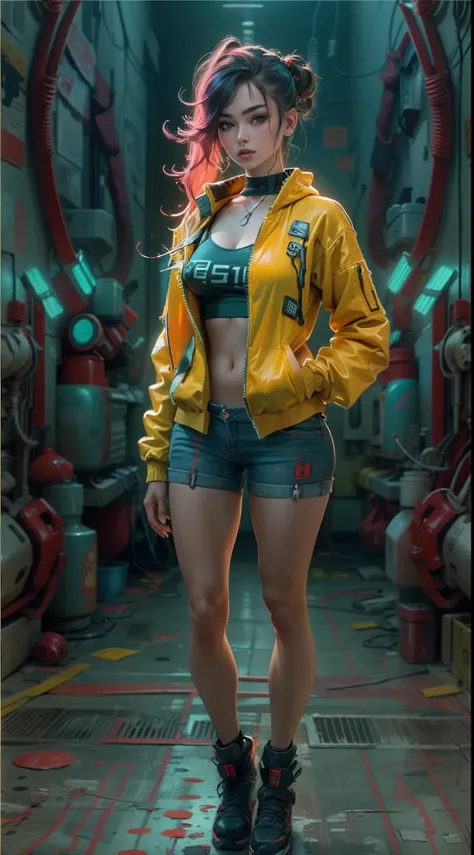 motor irreal:1.4,CG ultra realista 64K, fotorrealista:1.4, textura de la piel:1.4, obra maestra:1.4,posing behind Beautiful woman with babydoll lingerie、Ropa corta estilo cyberpunk color amarillo, pantimedias red , Mini falda azul,