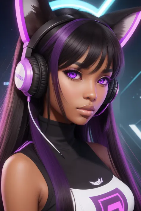 gaming girl with animal ear headphones on, black long hair, brown skin, beautiful face, cyperpunk, detailed degital art, purple eye, uwu the prismatic person