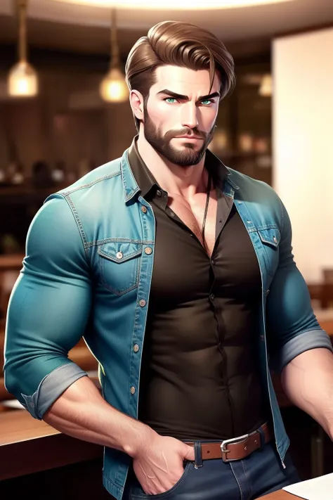 Bodybuilding men , Grow a beard , Brown hair , Green eyes , Look at Fronte , Wear black bottoms , whitet-shirt, Denim jacket , Eat salad in the restaurant