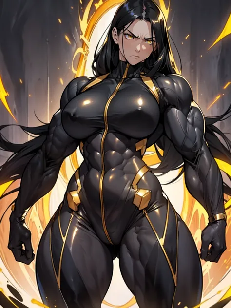 ((1 girl)), solo, black hair, extremely long hair, yellow eyes, (angry), pale skin, (((((((muscular))))))), ((thick thighs)), ((huge breasts)), (((black and golden body suit))), (((wide hips))), (shiny skin), dark atmosphere, shadow