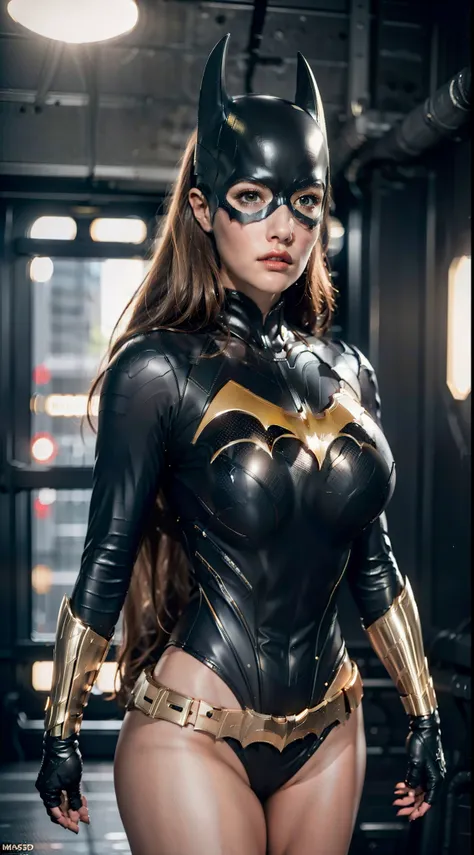 Woman body set largest breasts:1.5, (muscular body:1.1), mask, batgirl costume dress, armor, depth of field, cinematic lighting, reflection light, best quality, HD, 16k, anatomically correct, masterpiece, high quality, highres, UHD