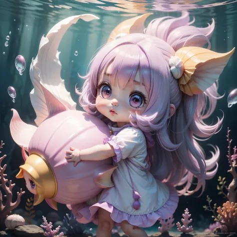 Cute baby chibi anime, Gradient lilac hair，The clothes ar, Stand on a giant conch，Underwater world，Conch headdress。