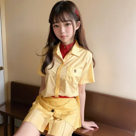 15 years old school girls School uniform.( (veteran Yellow sportshirt with red collar.))((red skirt))(real skin)real photo (veteran Yellow sportshirt with red collar.))((red skirt))(normal face)(masterpiece)