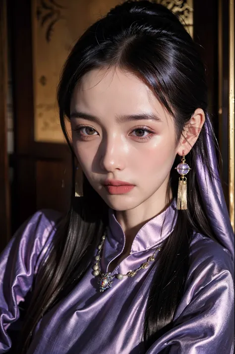 An ancient Chinese beauty, Yingluo Huanpei, dignified temperament, flowing long skirt, clear face, beautiful eyes, purple myrtle, masterpiece, super detailed, epic composition, super HD, high quality, highest quality, 32k