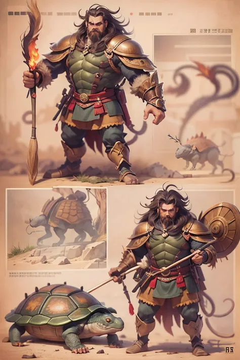 （anthropomorphic turtle），（Rat warriors：1.4），coda，a tall body，Stout limbs，disdain，ran，tosen，The long hairs of the flame fluttered in the wind，combats，Dynamic lines，Dimly lit battlefield，Ruined castle，（stereoscopic perspective：1.4），Works of masters，super-fin...