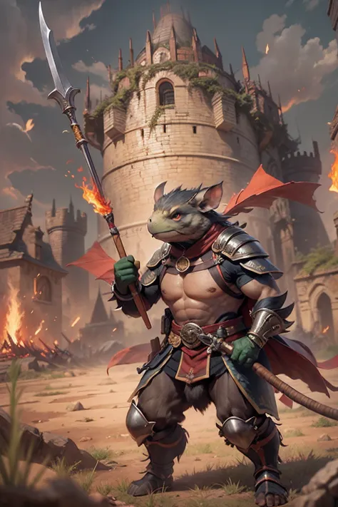 （anthropomorphic turtle），（Rat warriors：1.4），coda，a tall body，Stout limbs，disdain，ran，tosen，The long hairs of the flame fluttered in the wind，combats，Dynamic lines，Dimly lit battlefield，Ruined castle，（stereoscopic perspective：1.4），Works of masters，super-fin...