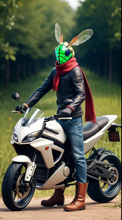 High quality, head real insect grasshopper, insect human, standing, insect real body, red scarf around neck, hands green gloves, no clothes on, insect real body, feet green boots, evening background, white motorcycle behind, rider,