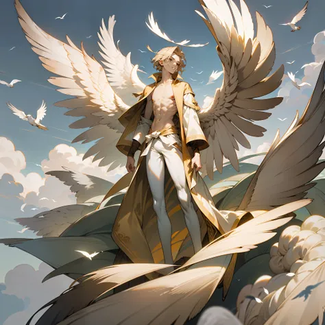 young man, (twink), (male), (((slim body))), (((flat chest))), slim waist, ((pale skin)), ((beige colored hair)), (((beige hair))), ((beige feathers)), ((brown feathers)), white feathers, (birds), owls, doves, ((standing on top of a tall mountain)), white ...