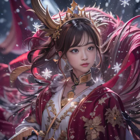 16k（tmasterpiece，k hd，hyper HD，16k）Burgundy red flowing short hair，Snow Circle Forbidden Land ，Black Gold Dragon Protector （realisticlying：1.4），Linen coarse cloth robe，Purple-pink tiara，Snowflakes fluttering，The background is pure，Hold your head high，Be pr...