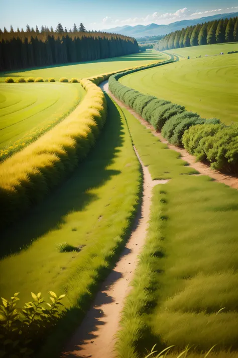 grass field，path，flock，graze