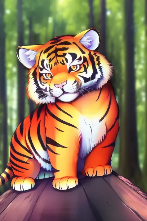 colorful cute little tiger in magical forest, largeeyes, render in ultra-realistic detail, sharp, high-quality details, 85mm