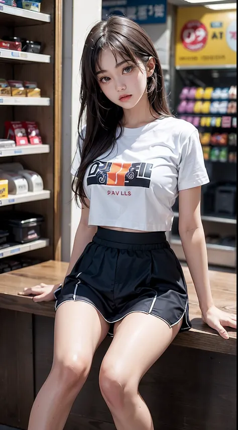 a 18 year old girl, Sitting at a desk in a convenience store, Bokeh, Perfect Figure, (((Hand-lifted skirt, boxer shorts))), ((My eyes crossed, captivating)), Short T-shirt, Slim belly, Short skirt