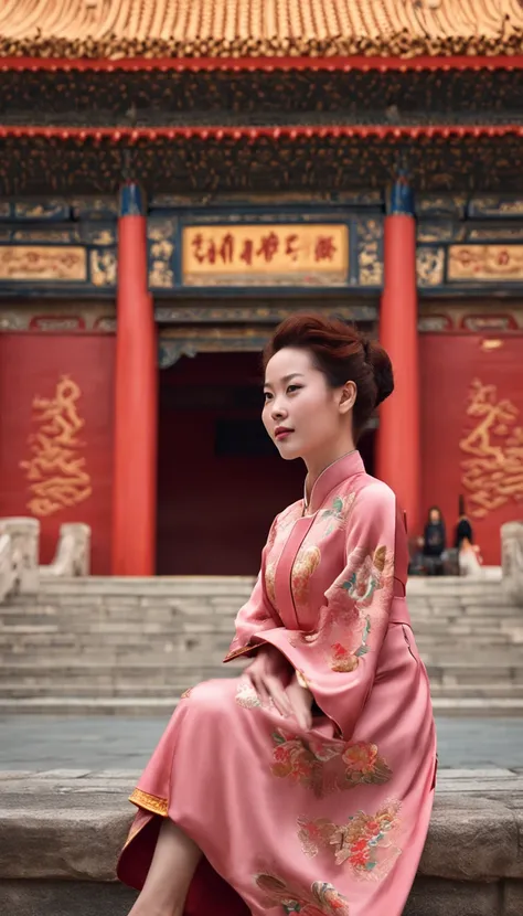 A Chinese woman with soft pink curly hair，Wear a gorgeous traditional cheongsam，Stand confidently at the Forbidden City in Beijing。Her gaze was firm，Behind it are magnificent red walls and yellow tiles，It shows the charm of ancient Chinese traditional cult...