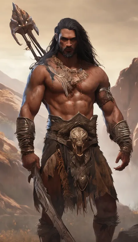 Filipino ancient epic hero, muscular long haired with tattoo Philippine God of War, modelshoot style, (extremely detailed CG 8k wallpaper), body photo of the most beautiful artwork in the world, medieval armor, body portrait, Nimrod the first king of Babyl...