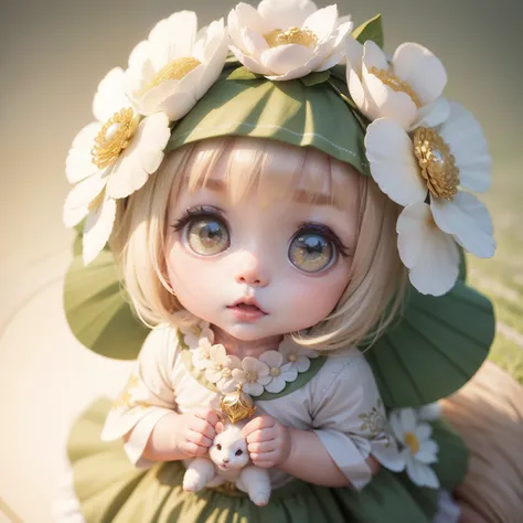 Cute baby chibi anime, Pearl beige and pearl green clothes，flower  sea，Flower headdress，Small animals surround