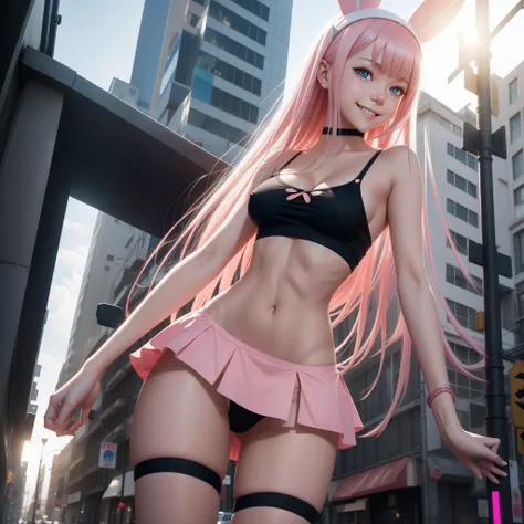 Zero two darling in the franxx, underboob, little semi transparent black top, pink erected nipples, smiling to the camera, bunny pose, sexy pose, view from below, micro mini skirt, we see her slim fit ass, she is at a street Day light ciberpunk City, 8k, r...