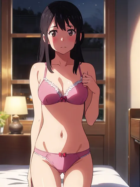 shinkai makoto, kimi no na wa., 1girl, bangs, black hair, brown eyes, waterfall braid, red ribbon, long hair, solo,  blush, looking at the viewer, bedroom, night, swimsuit, bikini, light pink bra, breast, medium breast, light pink panties, masterpiece