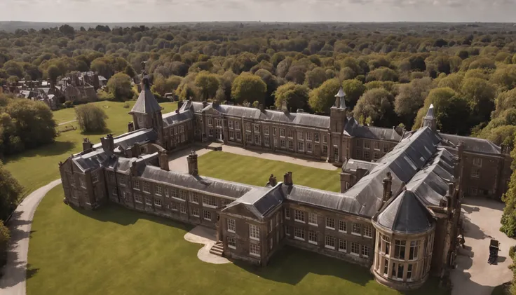 Wide aerial shot, overlooking an ominous and ancient-looking boarding school.