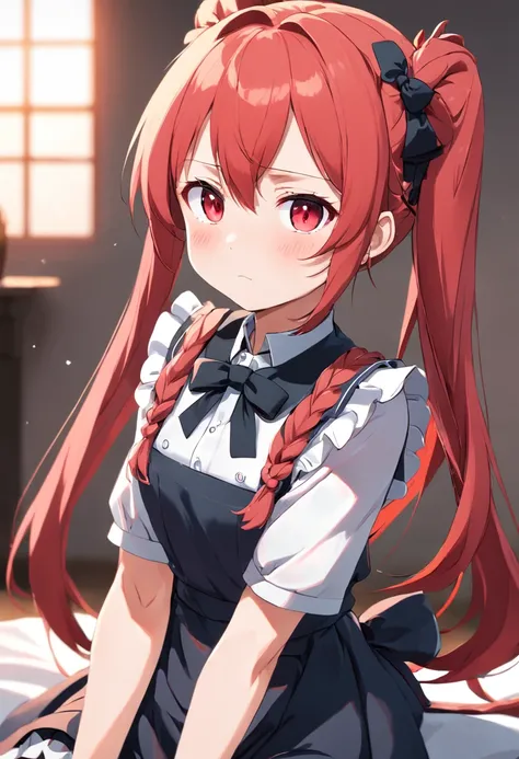 1girl, maid outfit, sleeveless, tsundere, red pigtail hair, >:( face