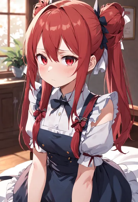 1girl, maid outfit, sleeveless, tsundere, red pigtail hair, >:( face