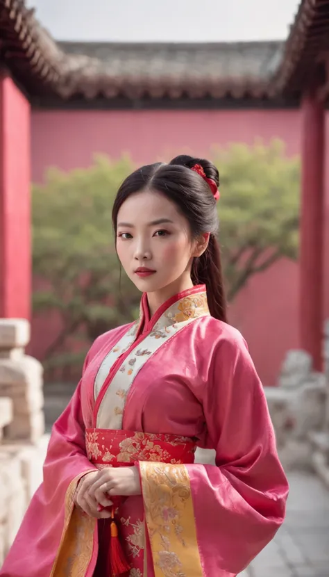 A beautiful Chinese woman，elaborate Hanfu，Bright pink ends，Stand confidently，Magnificent red walls and yellow tiles，Historic palace，Ancient traditional culture，Rich historical background