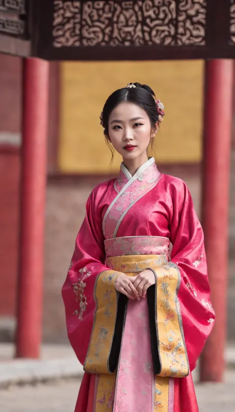 A beautiful Chinese woman，elaborate Hanfu，Bright pink ends，Stand confidently，Magnificent red walls and yellow tiles，Historic palace，Ancient traditional culture，Rich historical background