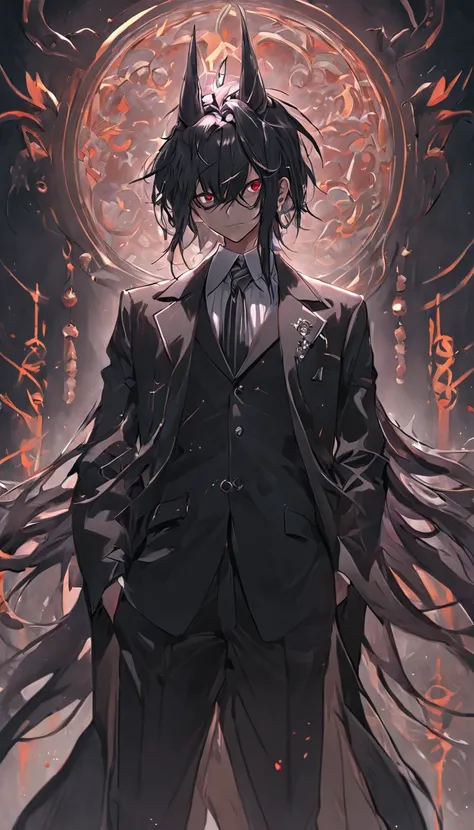 A man with long black hair in a black rococo-style suit with silver details and a devil mask,Estilo Darkwave,retrato de medio cuerpo,centrado,HDR,8k,hiperrealista,hermoso estudio de luz suave,detalles vibrantes,Anatomical,elegante,foco nítido,Foto de estud...