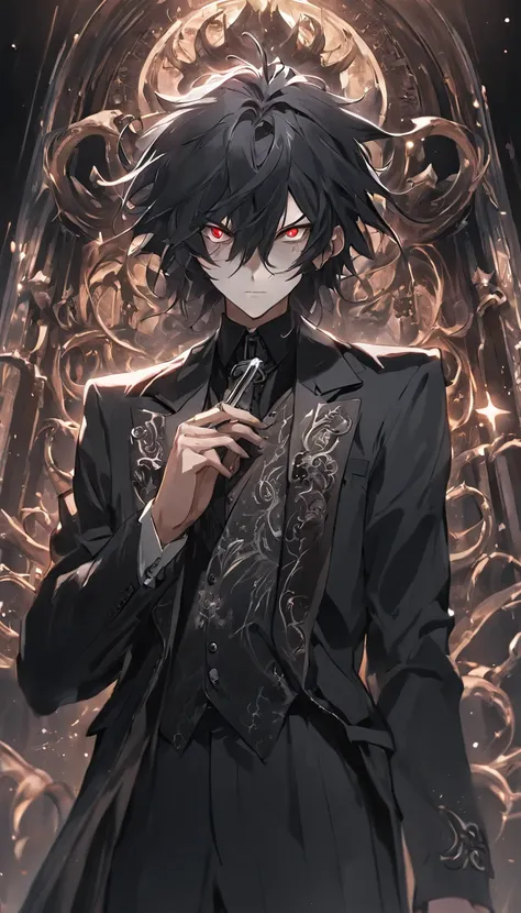 A man with long black hair in a black rococo-style suit with silver details and a devil mask,Estilo Darkwave,retrato de medio cuerpo,centrado,HDR,8k,hiperrealista,hermoso estudio de luz suave,detalles vibrantes,Anatomical,elegante,foco nítido,Foto de estud...