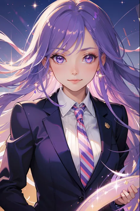 masterpiece, best quality, beautiful detailed hair detailed face, perfect feminine face, big almond-shape eyes, smile, happy, a beautiful and cute girl with sparkling and glowing purple hair, in blazer wearing with purple striped, (close-up potrait:1.2), f...