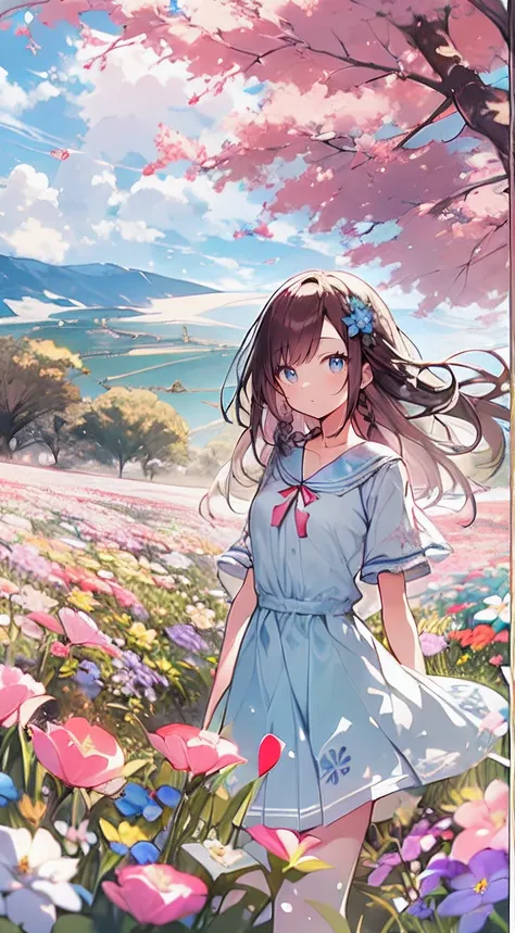 masutepiece, Best Quality,Illustration, Wallpaper, Ultra Detail, Absurd beauty、1 beautiful girl、 (Semi-long hair、short braided hair), Beautiful ultra-detailed eyes , Hair fluttering in the wind、Keep your head small、flower  field、great outdoors、Landscape of...