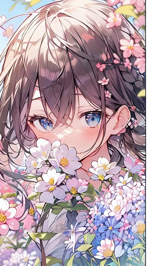 masutepiece, Best Quality,Illustration, Wallpaper, Ultra Detail, Absurd beauty、1 beautiful girl、 (Semi-long hair、short braided hair), Beautiful ultra-detailed eyes , Hair fluttering in the wind、Keep your head small、flower  field、great outdoors、Landscape of...